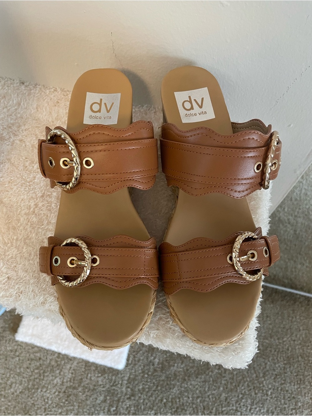 Dolce Vita Tan Leather Slide Sandals with Gold Buckles